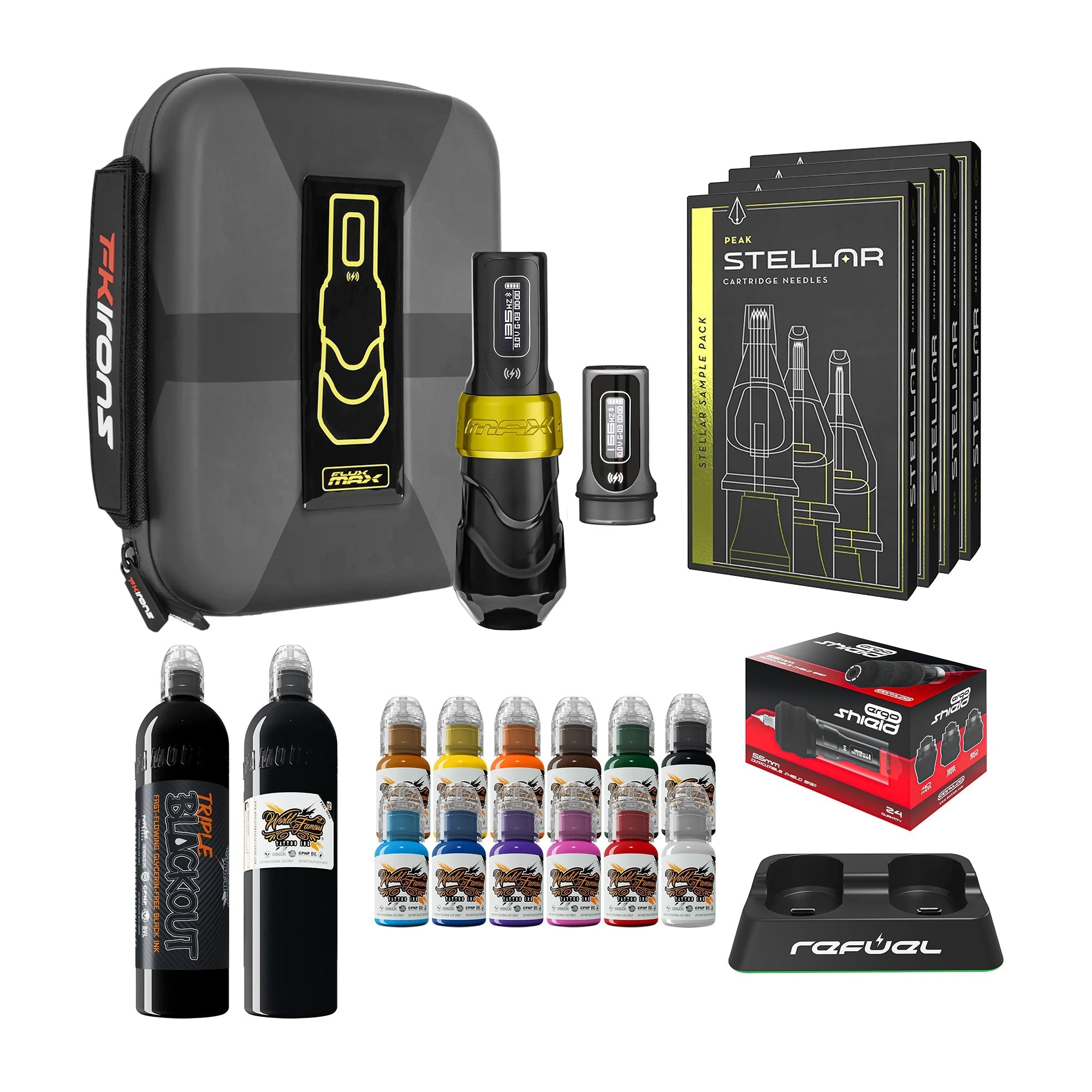 FK Irons Flux Max Pro Bundle With 2 PowerBolt Batteries – Pick Color and Stroke Length - FK Irons - Precision Tattoo Machines
