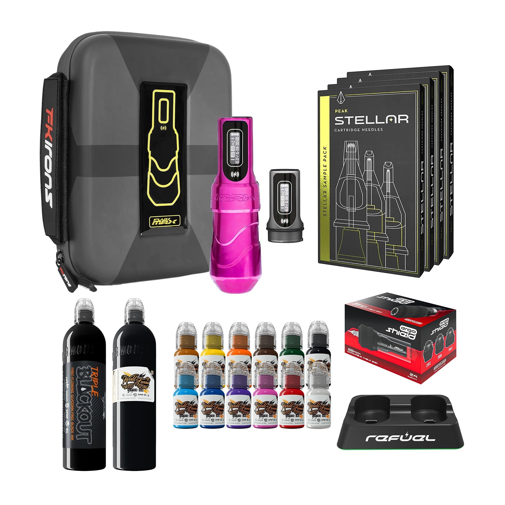 FK Irons Flux Max Pro Bundle With 2 PowerBolt Batteries – Pick Color and Stroke Length - FK Irons - Precision Tattoo Machines
