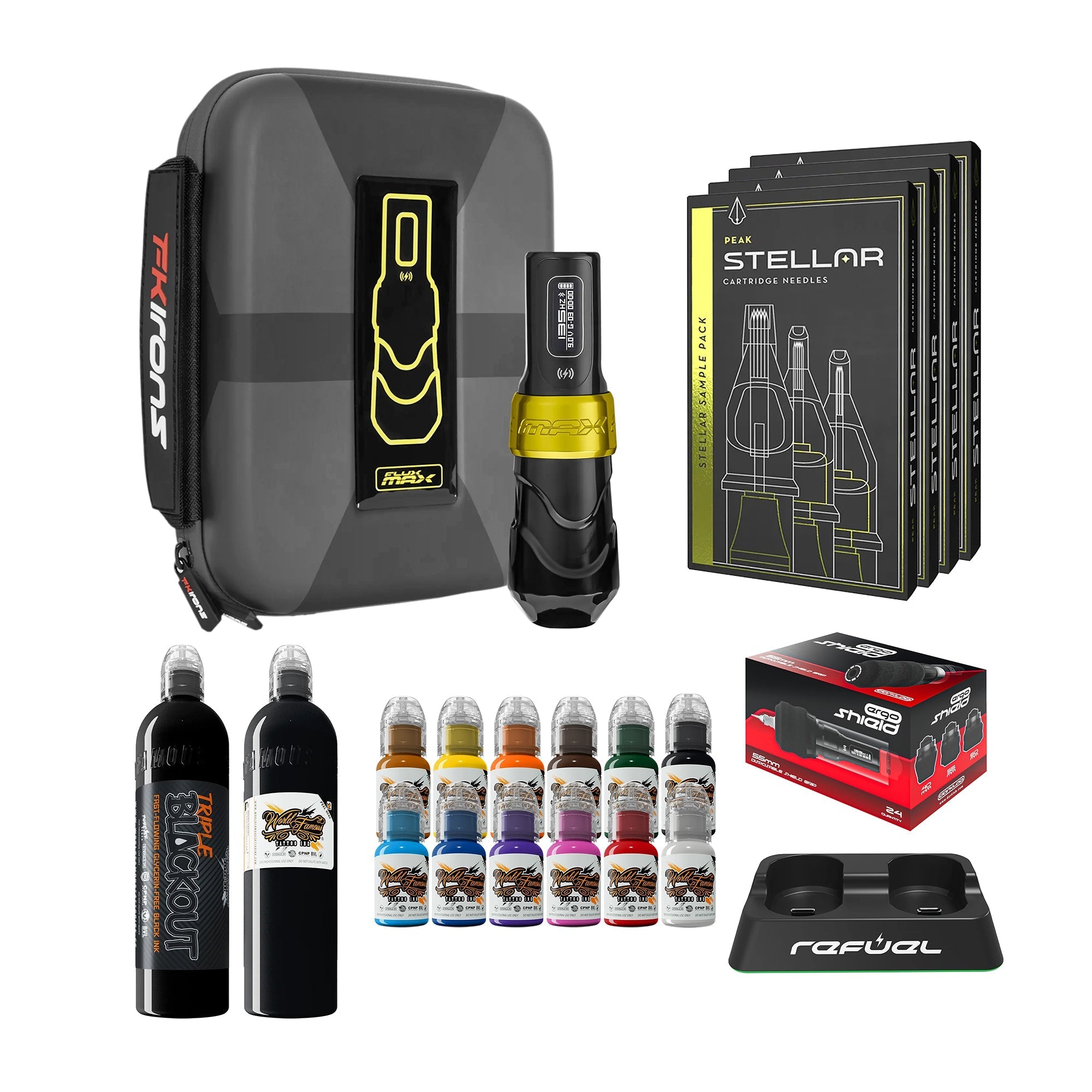 FK Irons Flux Max Bundle With 1 PowerBolt Battery – Pick Color and Stroke Length - FK Irons - Precision Tattoo Machines