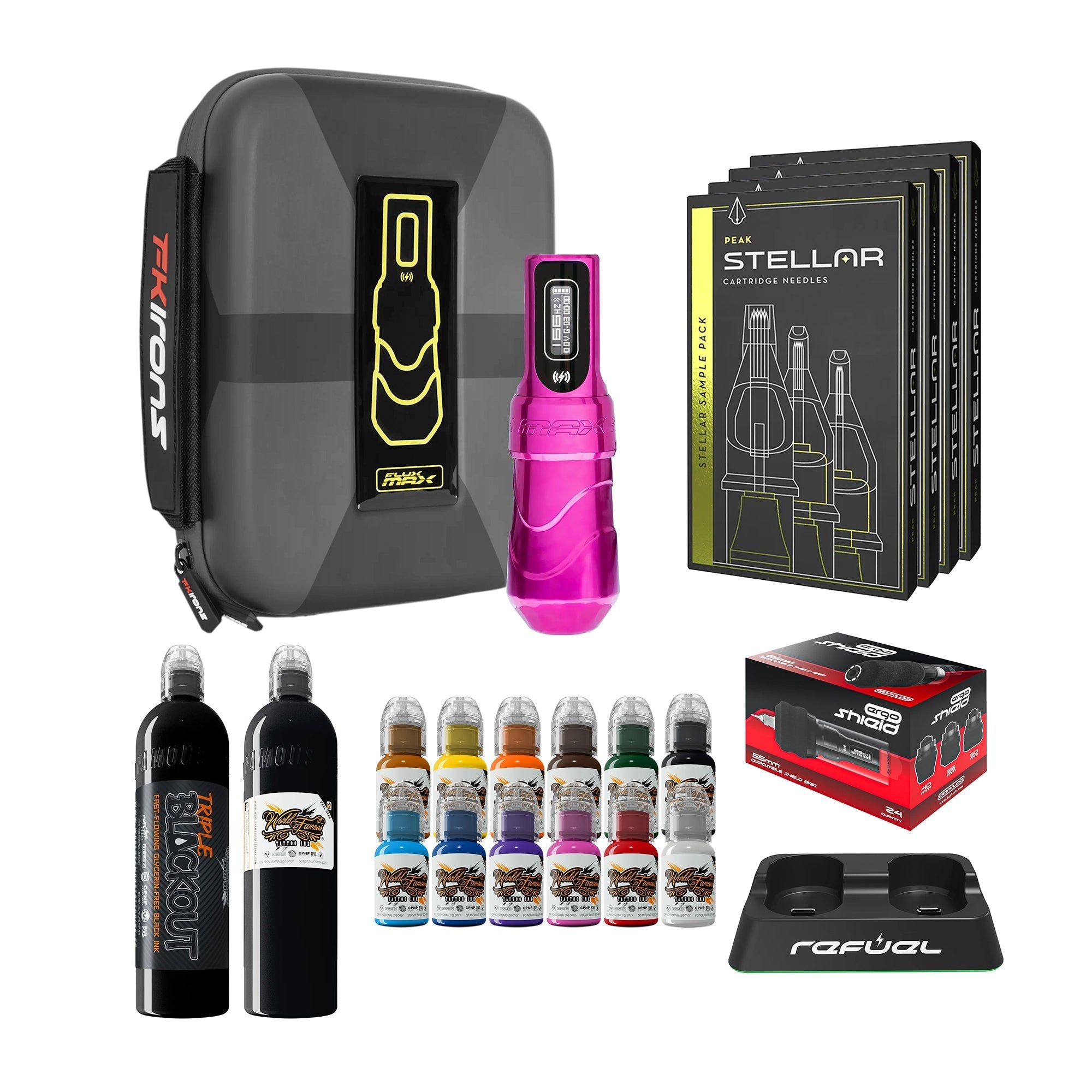 FK Irons Flux Max Bundle With 1 PowerBolt Battery – Pick Color and Stroke Length - FK Irons - Precision Tattoo Machines