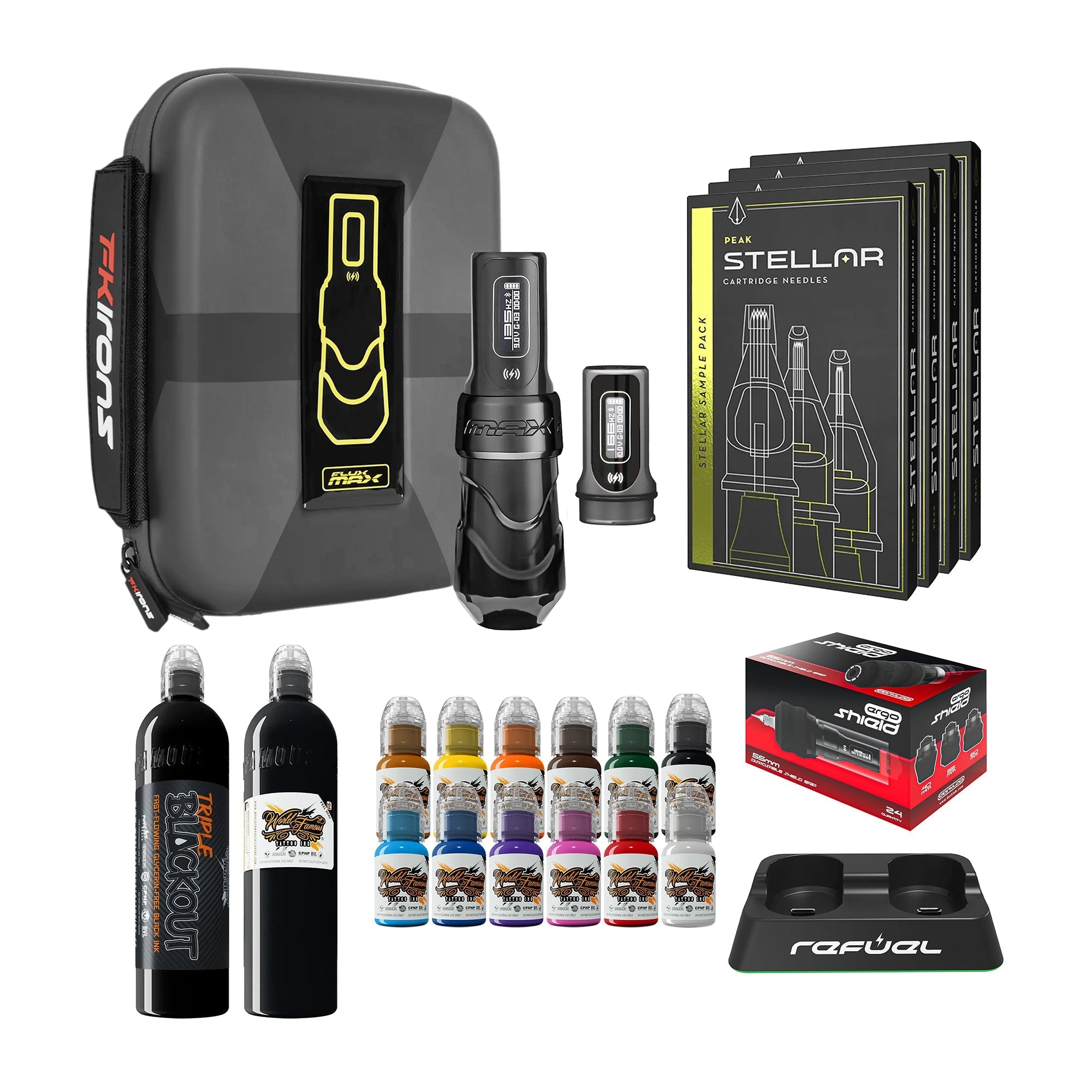 FK Irons Flux Max Pro Bundle With 2 PowerBolt Batteries – Pick Color and Stroke Length - FK Irons - Precision Tattoo Machines