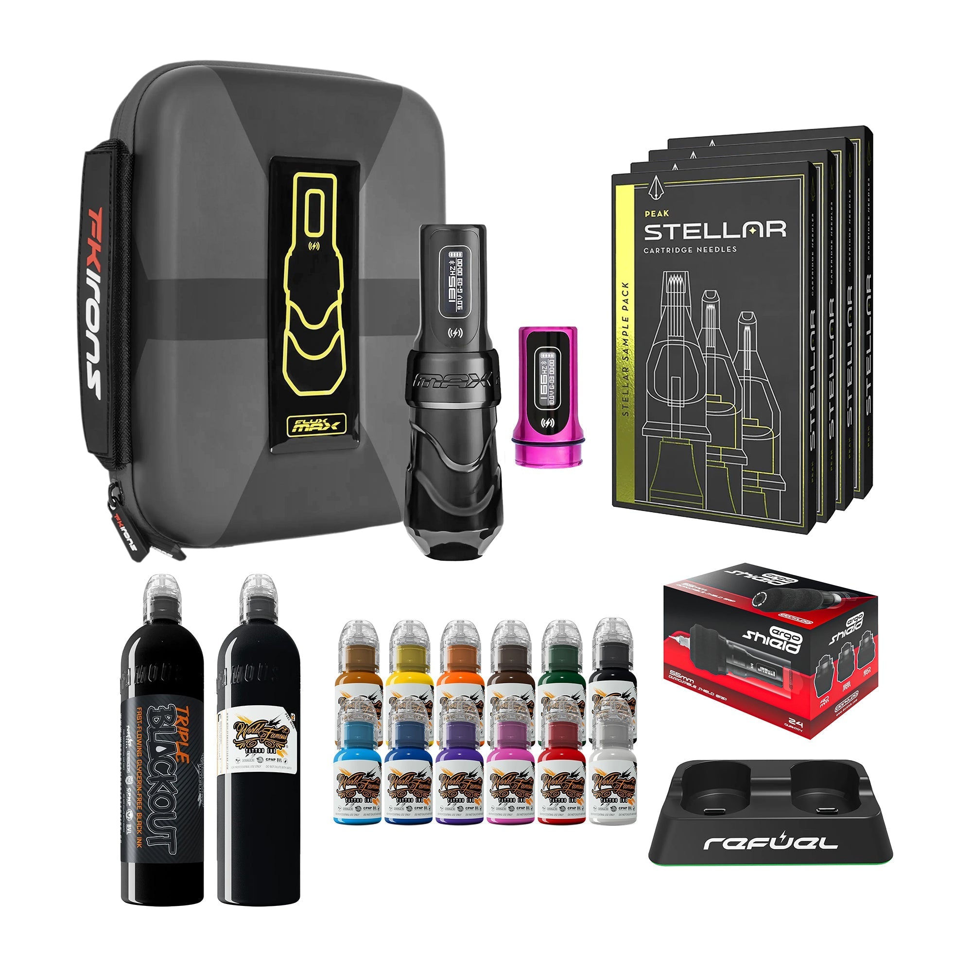 FK Irons Flux Max Pro Bundle With 2 PowerBolt Batteries – Pick Color and Stroke Length - FK Irons - Precision Tattoo Machines