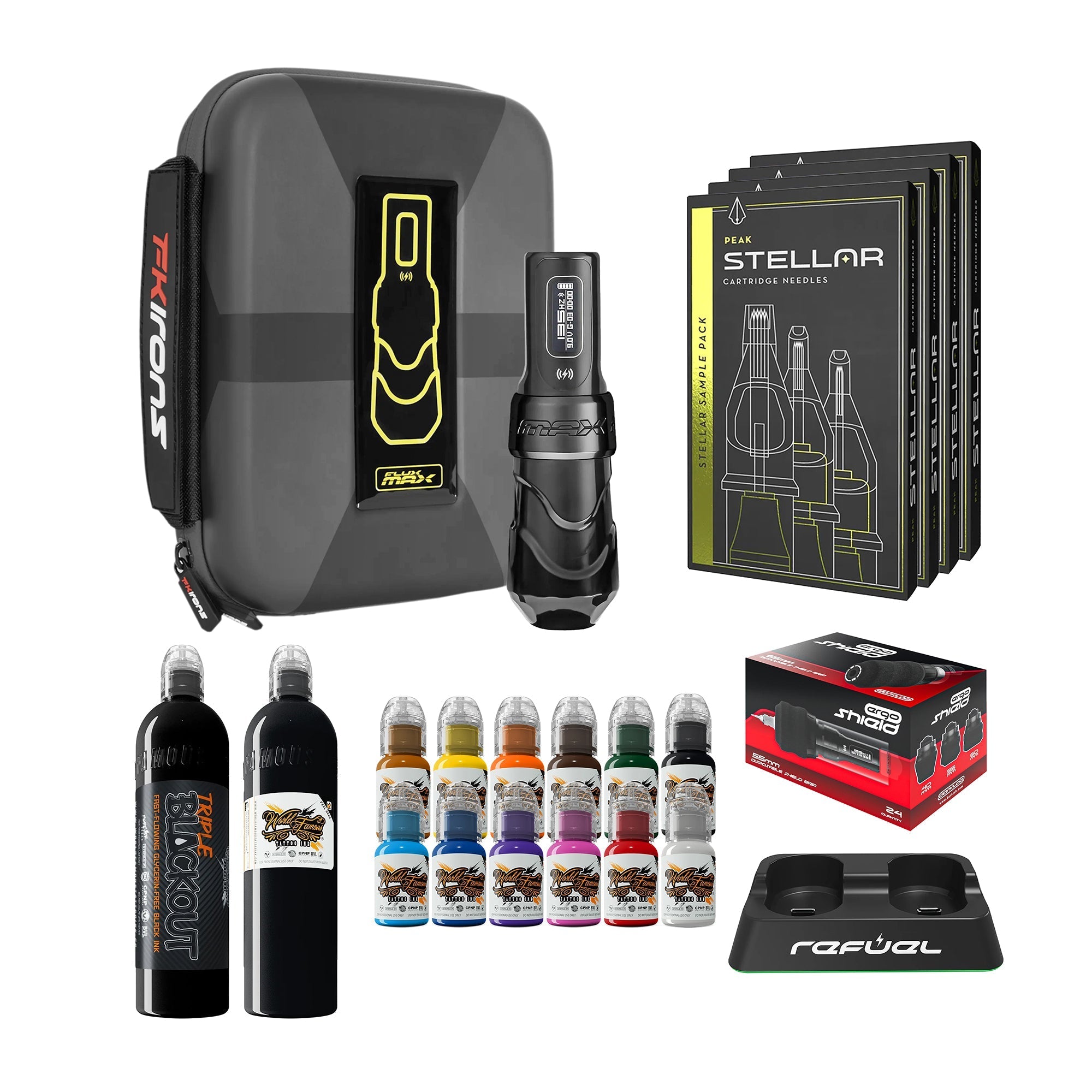 FK Irons Flux Max Bundle With 1 PowerBolt Battery – Pick Color and Stroke Length - FK Irons - Precision Tattoo Machines